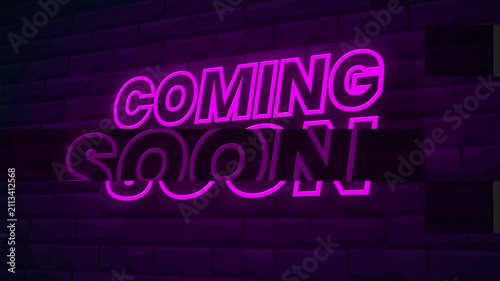 Animated video of a glowing pink neon Coming Soon sign with glitch effect on a dark brick wall background. Glowing purple neon text animation with flickering light.