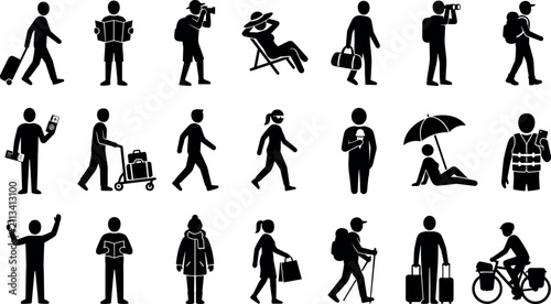 Foto Vector icons set of travel activities and tourism related black silhouettes for