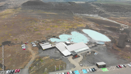 Fotografie Myvatn Nature Baths aerial view on a cloudy summer day in Iceland