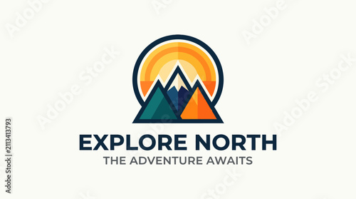 A minimalist graphic design featuring stylized mountain peaks and a bright sun