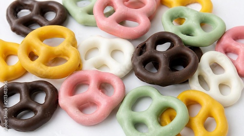 Colorful chocolate covered pretzels on white background,The twisted pretzels are coated in various vibrant chocolate colors including rich dark brown, creamy white, bright pink, mint green, and Sunny
