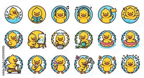 Round yellow duck character icons in activity poses.