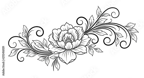 Horizontal peony line art with flowing scrolls.