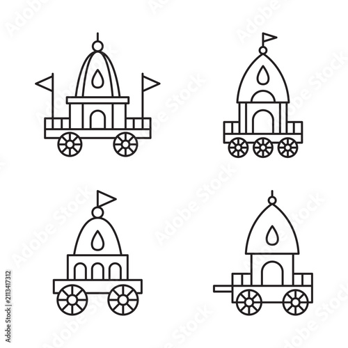 Ratha yatra indian festival chariot outline icons set for traditional holiday