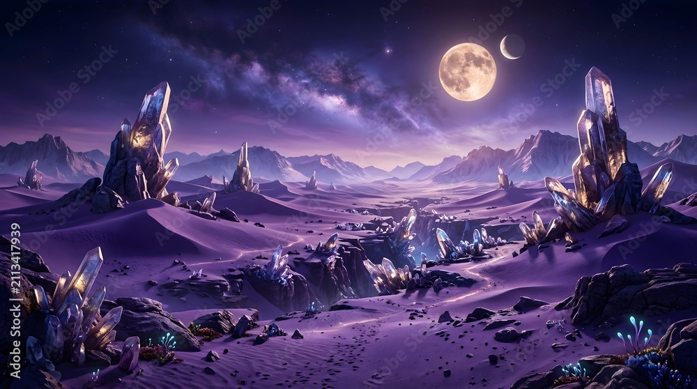 Fototapeta premium Alien planet desert landscape with giant crystals under double moons