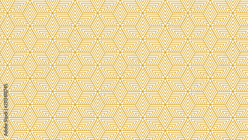 Elegant seamless geometric pattern featuring gold hexagon and triangle line art in an Art Deco style.