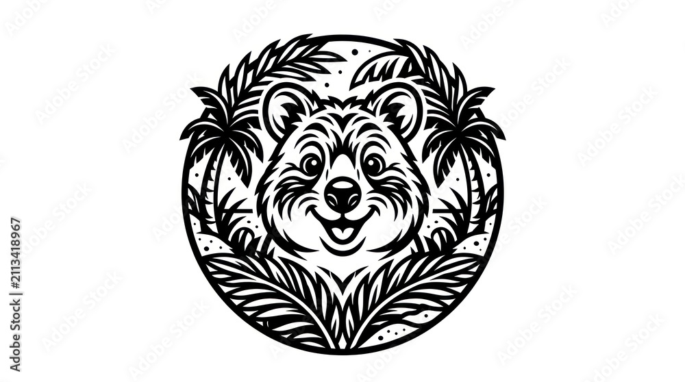 Obraz premium Quokka face in tropical leaves.
