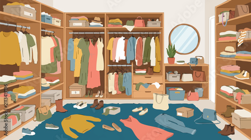 Bild auf Leinwand Messy walk-in closet with clothes and accessories scattered, cartoon illustratio