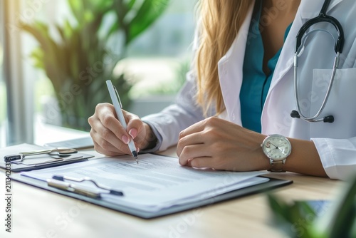 Doctor writing medical report at clinic desk