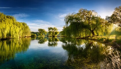 Deken met foto Kamperen Rustig meer met treurwilgen langs oever  © Kath