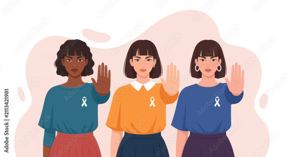 Fototapeta premium Diverse women showing stop gesture with awareness ribbons