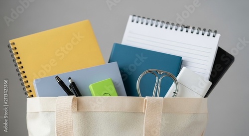 A cream canvas tote bag filled with colorful stationery and office supplies including notebooks, pens, and scissors.