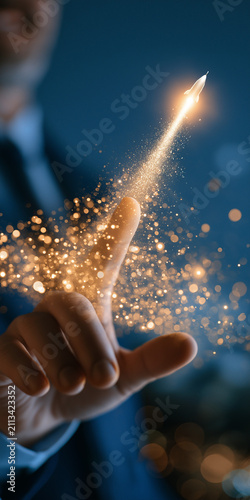Launching Innovation: A businessman's finger initiates a dazzling cascade of golden sparks, symbolizing a groundbreaking idea taking flight, a vision of future progress.