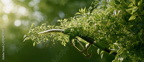 Green Fuel Innovation: A close-up shot captures a fuel nozzle entwined with vibrant green leaves and foliage, symbolizing the concept of sustainable and eco-friendly energy solutions under a soft.