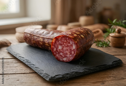 Close-up of sliced salami o...