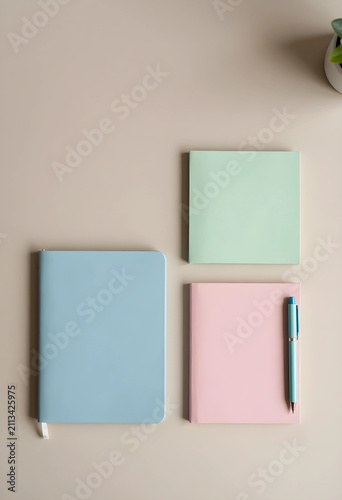 Flat lay of pastel notebook...