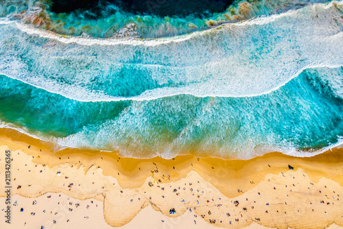 overhead abstract view of the surf and sand at Bondi Beach