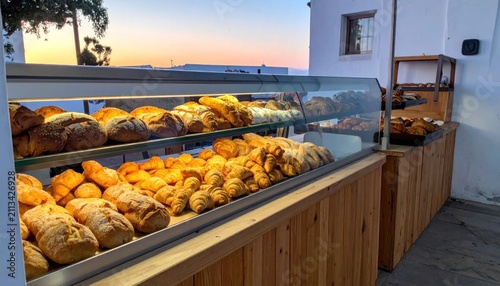 Bakery display case with various breads.