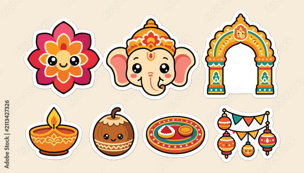 Fototapeta premium Ganesh Chaturthi Premium Kawaii Rounded Sticker Icon Set 