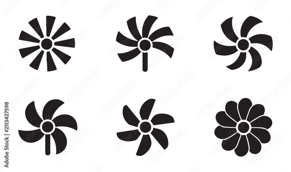 Fototapeta premium Set of isolated black flat fan blade icons for cooling systems air ventilation equipment climate control devices.