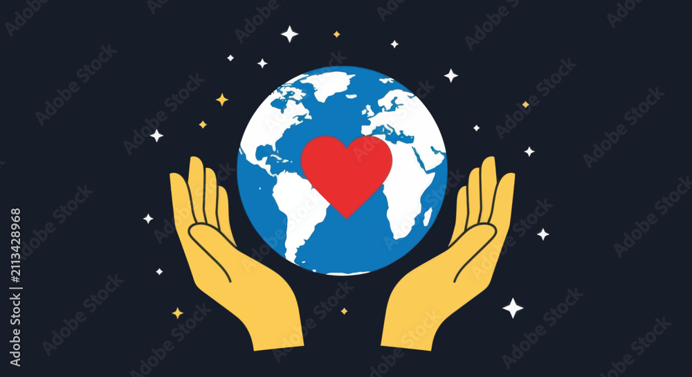 Fototapeta premium Hands holding a globe with a red heart symbol