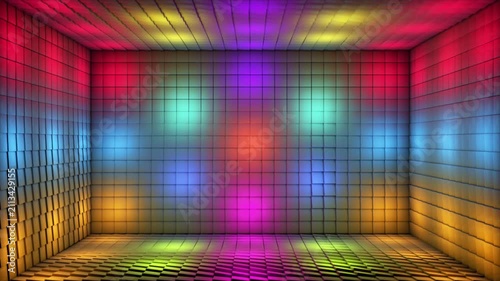Broadcast Pulsating Switching Hi-Tech Blinking Illuminated Cubes Room Stage, Multi Color, Events, 3D, Loopable, 4K