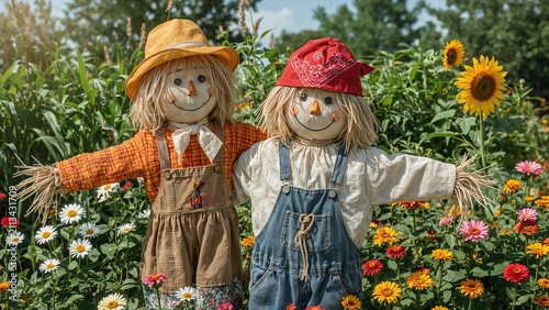 Two scarecrows with hats and overalls stand amidst a colorful flower garden on a sunny day.