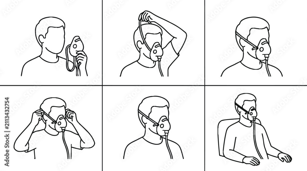 Fototapeta premium Sequence of steps for correctly applying an oxygen or nebulizer mask a minimalist line art illustration for medical instructions and patient education