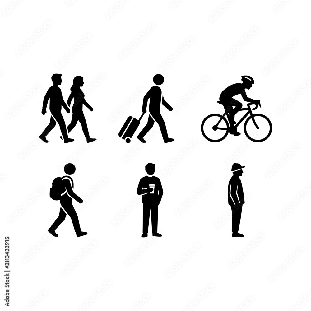 Obraz premium Set of minimalist black silhouettes depicting various people walking and commuting in the city