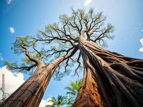 Towering ancient tree reaching for the heavens,  branches,  evergreen