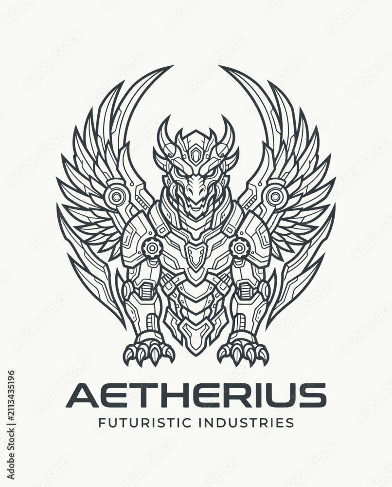 Obraz premium Mythical Mechanical Dragon Logo - Futuristic Creature Emblem