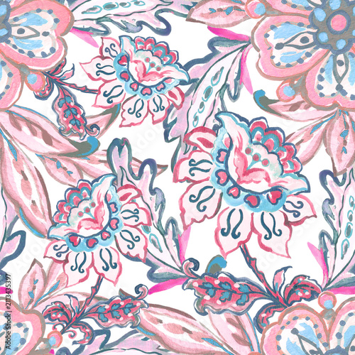 Jacobean paisley seamless pattern, vintage rococo floral damask design, pastel colors