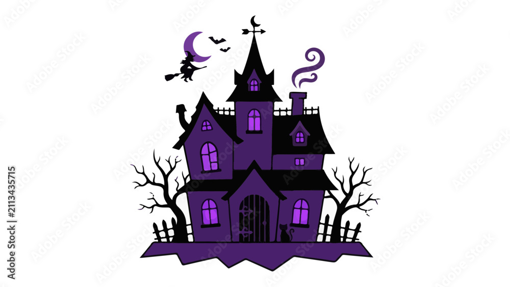 Fototapeta premium Purple-themed haunted mansion with bats and crescent moon in a stylized Halloween illustration.