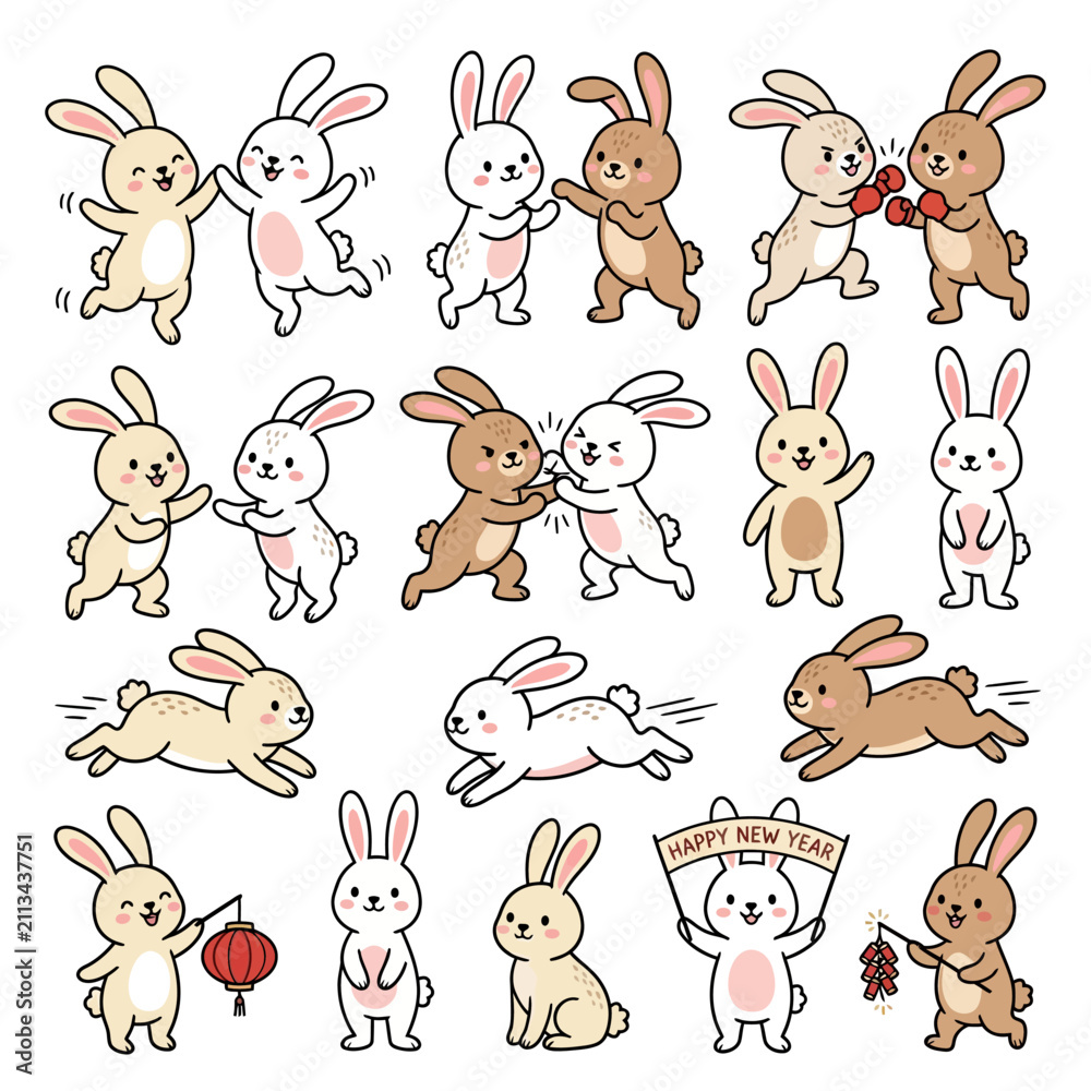 Obraz premium Cute Cartoon Bunnies Performing Various Actions And Celebrating Chinese New Year