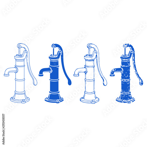 Vintage Hand Water Pump Icons Set in Blue Outline and Silhouette Styles