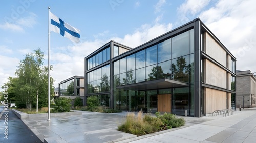 Finnish Flag in Front of Contemporary Nordic Architecture
