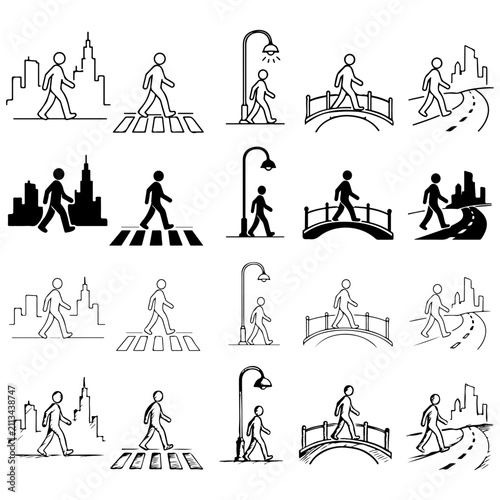 Pedestrian Walking Icons Set with City and Bridge