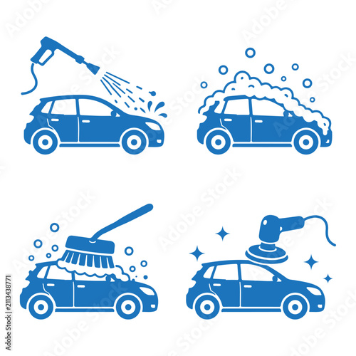 Car Wash Service Blue Line Icons Set