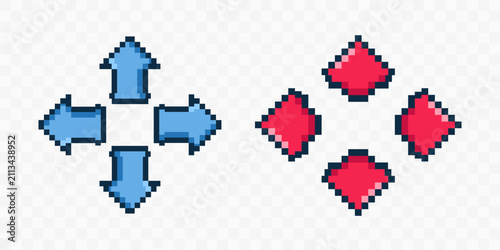 Pixel art directional arrows and buttons icon set for video games