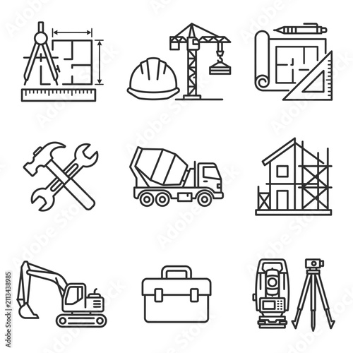 Construction and engineering line icons set for building industry.