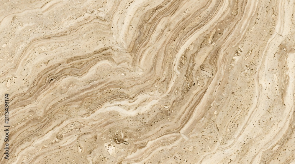 Obraz premium A detailed close up of a beige travertine stone surface with intricate swirling natural patterns.