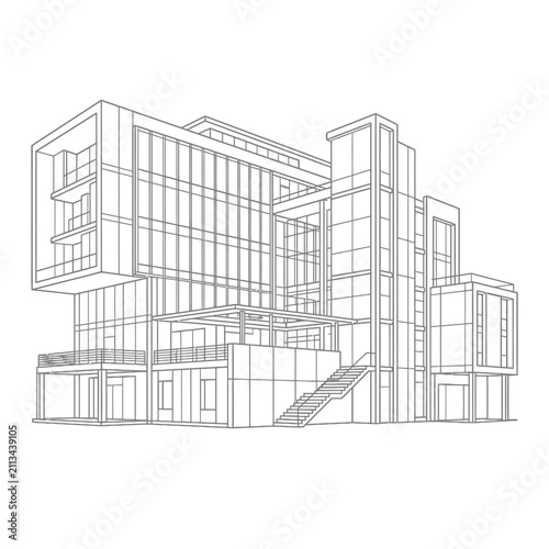 Contemporary glass office building architectural drawing