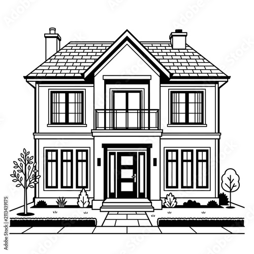 Contemporary house with balcony line art illustration.