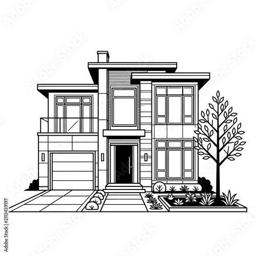 Contemporary house with garage and tree line art.