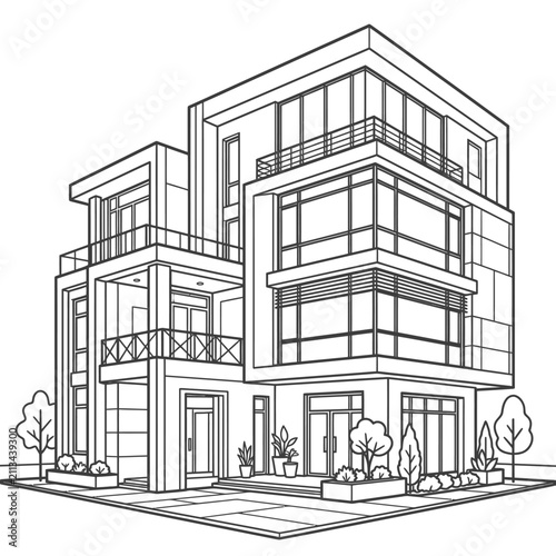 Contemporary luxury villa architectural exterior line sketch.