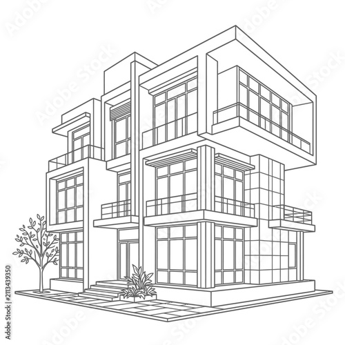 Contemporary three-story townhouse architectural outline sketch