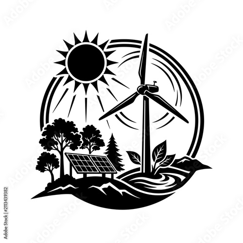 Contrast circular landscape with wind and solar energy.