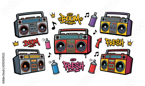Collection of Colorful boombox collection with music notes.