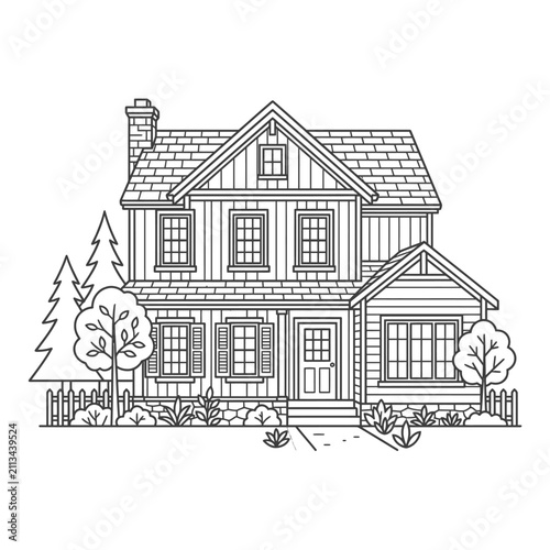 Craftsman house architectural line art coloring page.