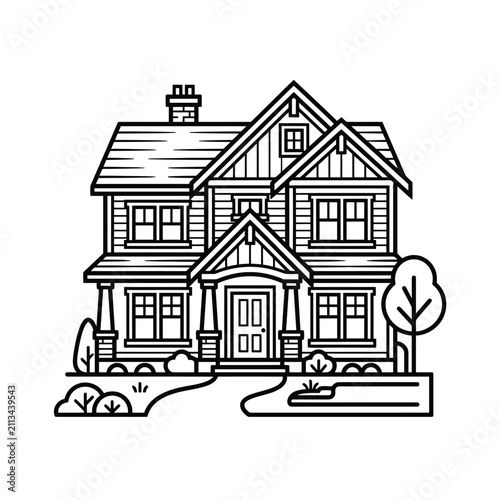 Craftsman style house line art illustration